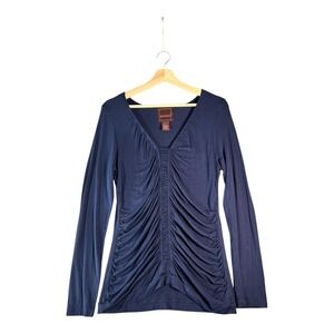 even Womens Navy Blue V Neck Long Sleeve Ruched Front Top Size Medium